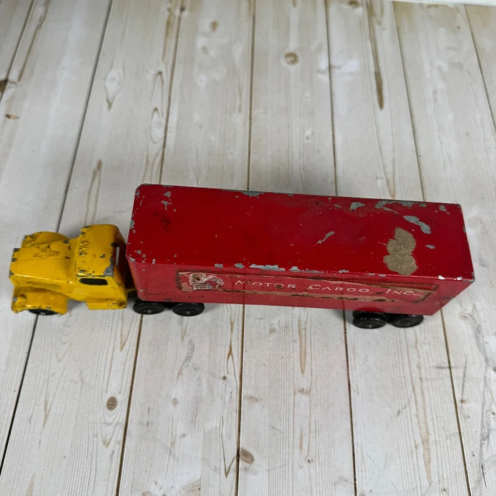 Vintage Ralstoy Pressed Steel‎ Semi Truck Yellow Cab Red Trailer 1950s